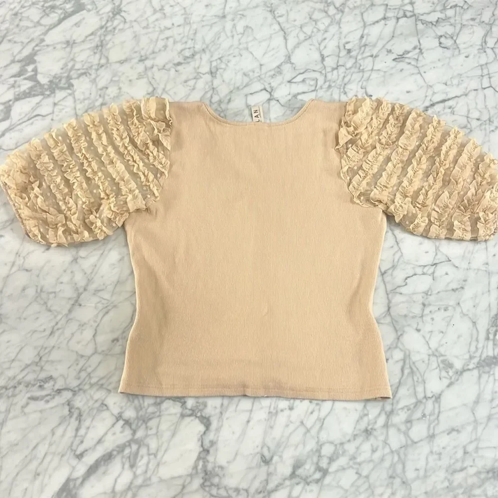 Anthropologie Dolan Top Knitted Puff Sleeve Pullover Beige Sz XL